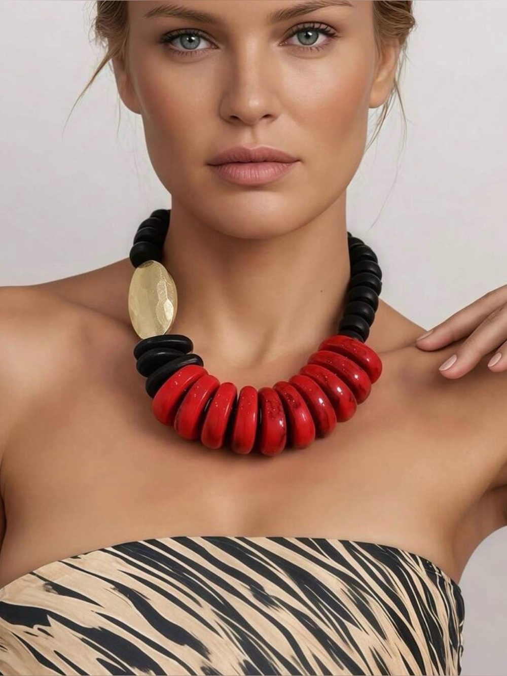Bold Red and Black Statement Necklace with Gold Accent